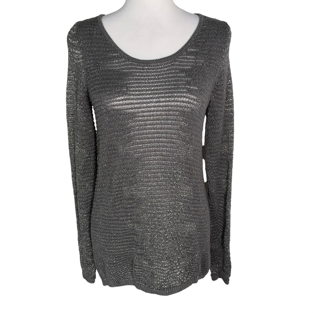 ROCK & REPUBLIC Women's Medium Gray Metallic Open Knit Scoop Neck Sweater
